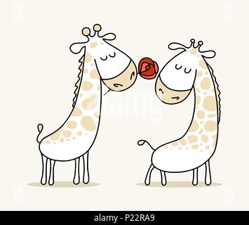 Couple of two cute in loved giraffes. Happy Valentine`s Day vector cartoon illustration poster Stock Vector